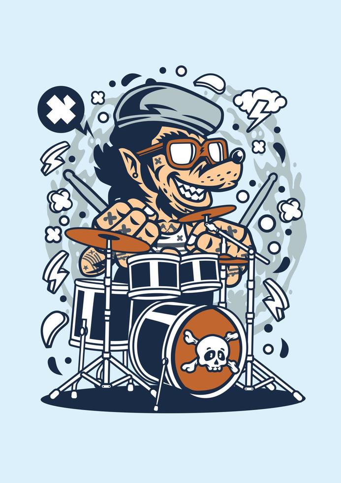 grappige wolf drummer vector