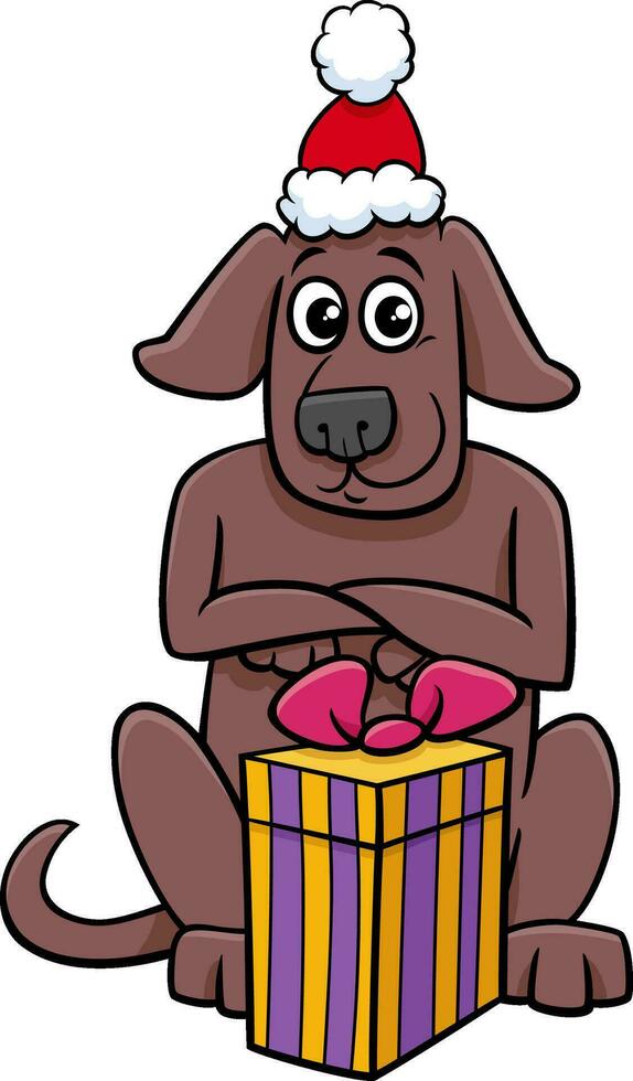 grappig tekenfilm bruin hond met Kerstmis Cadeau vector