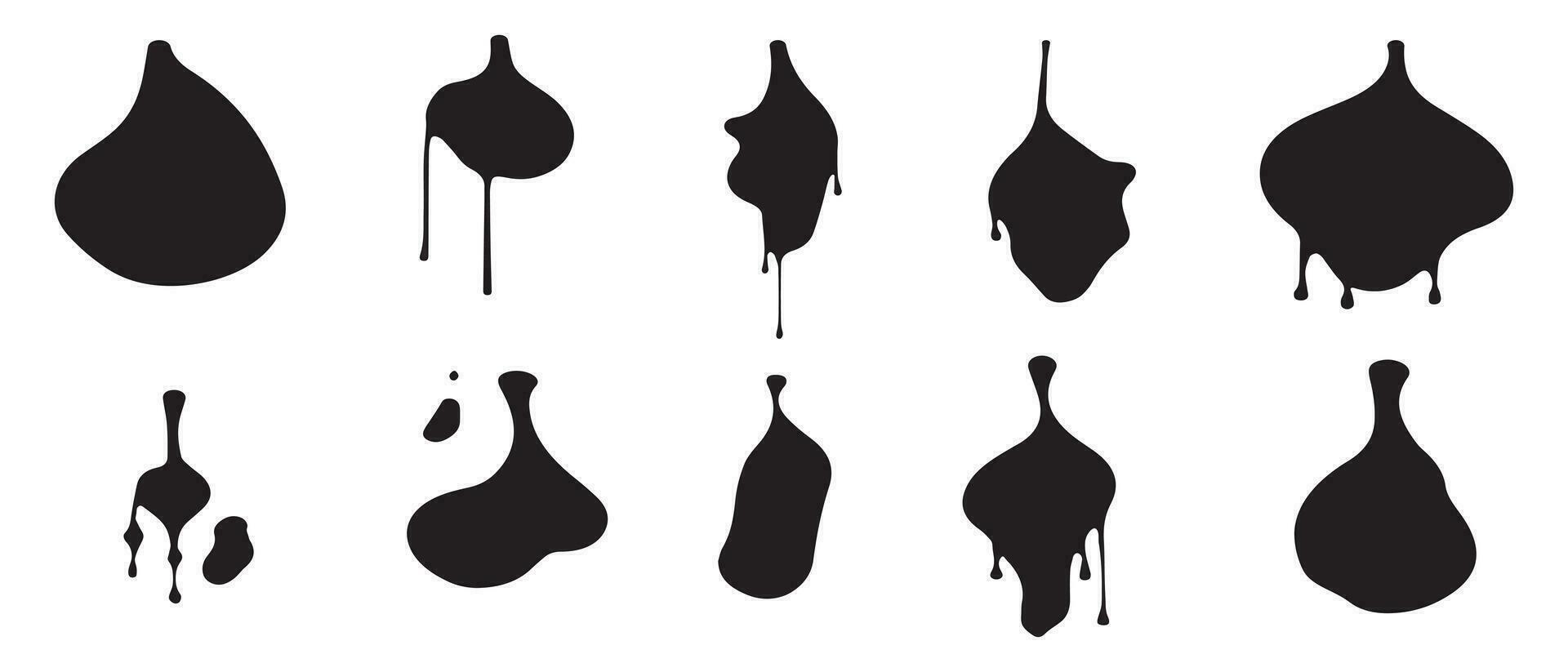 zwart verf druppelt reeks geïsoleerd Aan wit achtergrond. vector illustratie.