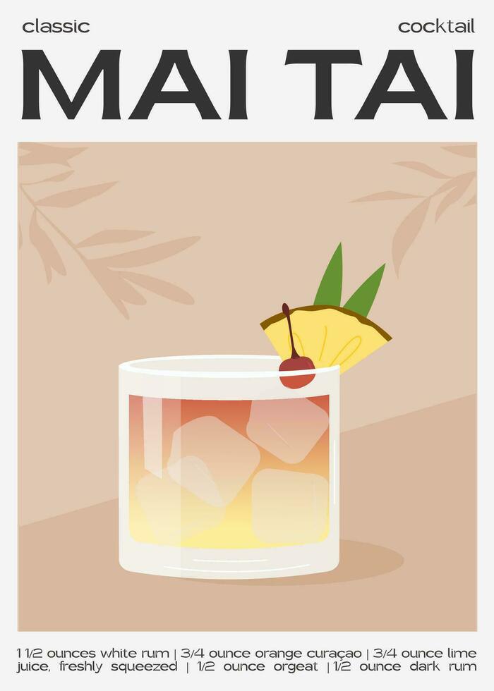 mai tai cocktail gegarneerd met ananas plak en kers. klassiek alcoholisch drank recept. zomer aperitief poster. minimalistische modieus afdrukken met alcoholisch drankje. vector vlak illustratie.