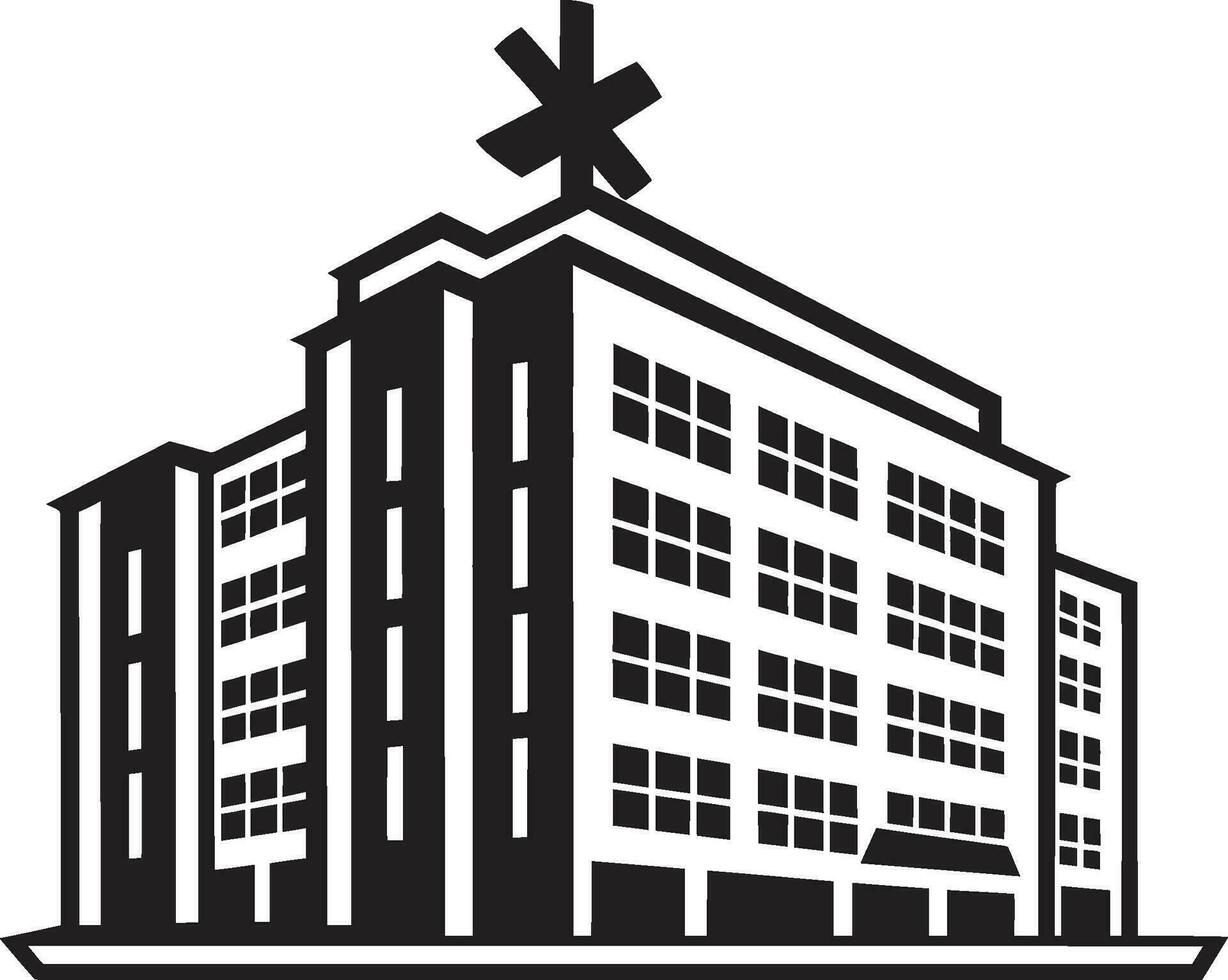 Gezondheid oase ziekenhuis gebouw logo conciërge toren kliniek iconisch embleem vector