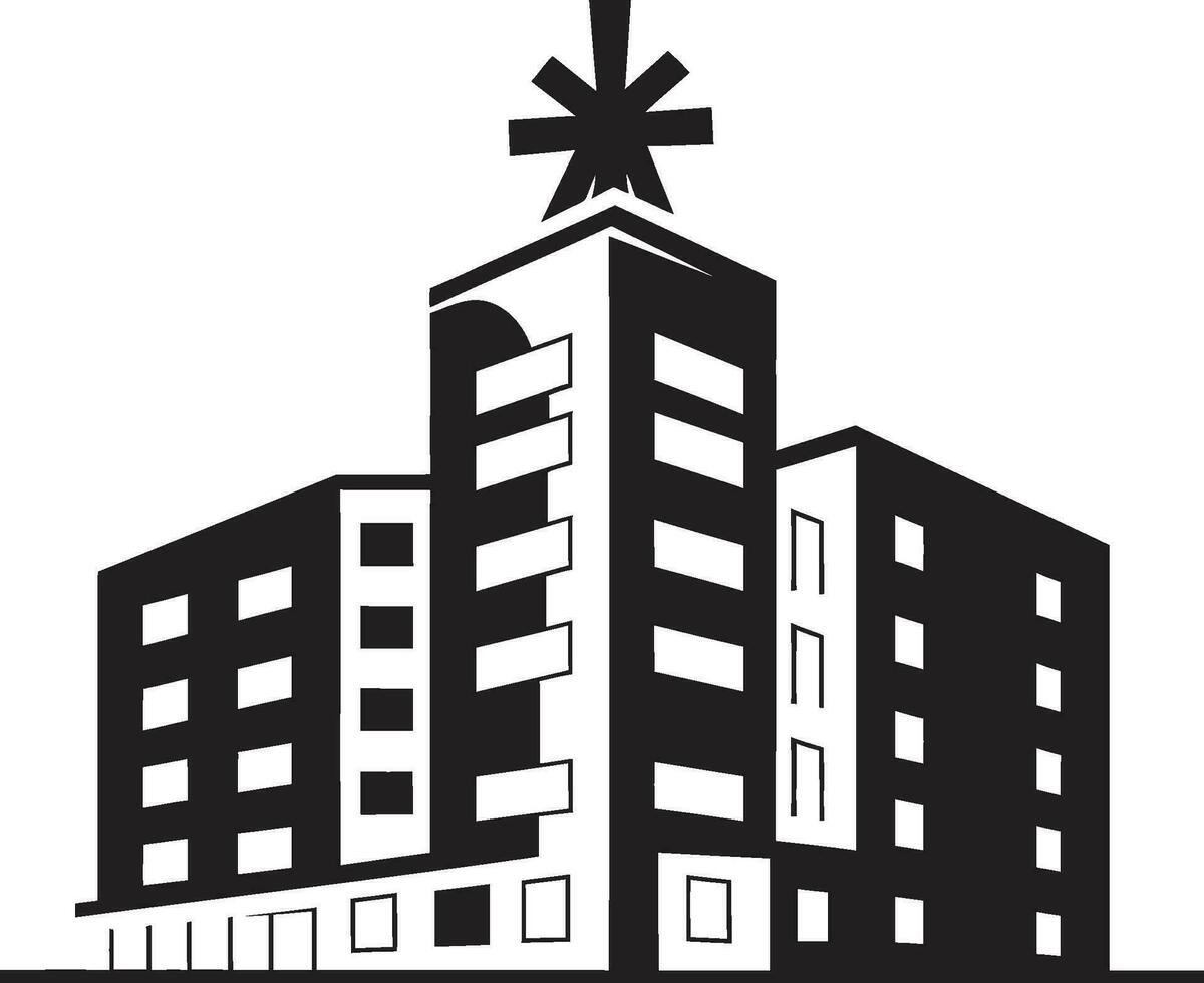 welzijn Vleugels ziekenhuis iconisch embleem genezingspunt hoogbouw kliniek logo ontwerp vector