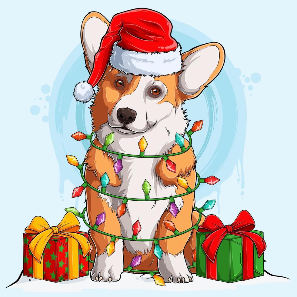 welsh corgi-hond in kerstmuts zittend en omringd door kerstboomverlichting en geschenken aan zijn zijden vector