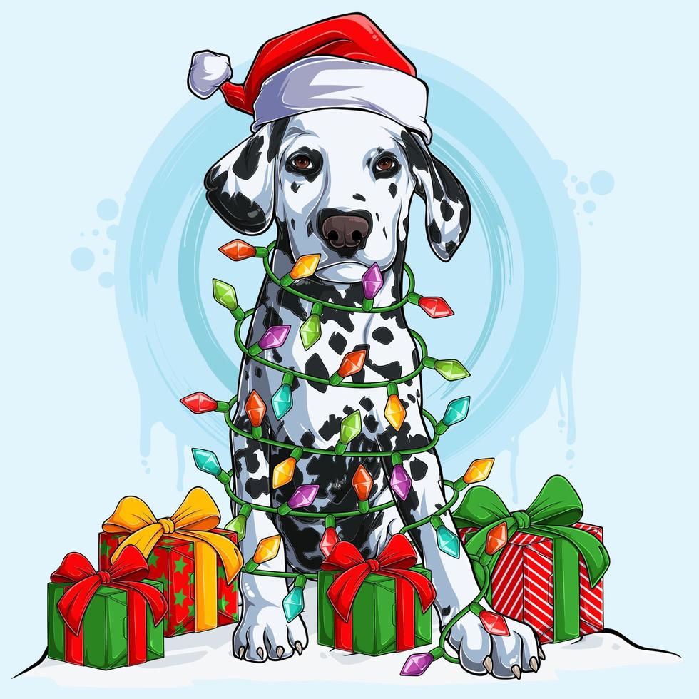 Dalmatische hond in kerstmuts zittend en omringd door kerstboomverlichting en geschenken aan zijn zijden vector