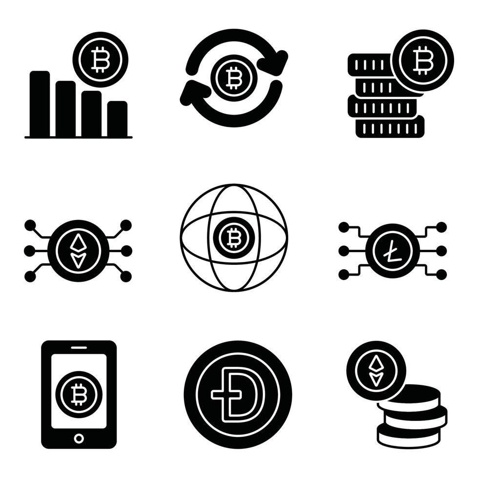 cryptocurrency glyph pictogrammen sets vector