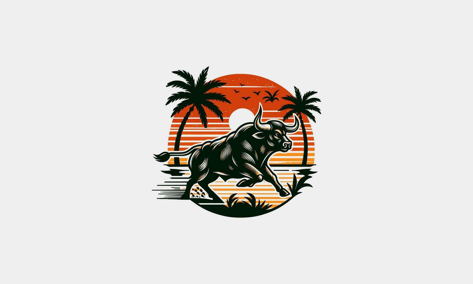 stier rennen Aan strand zonsondergang en palm vector vlak ontwerp