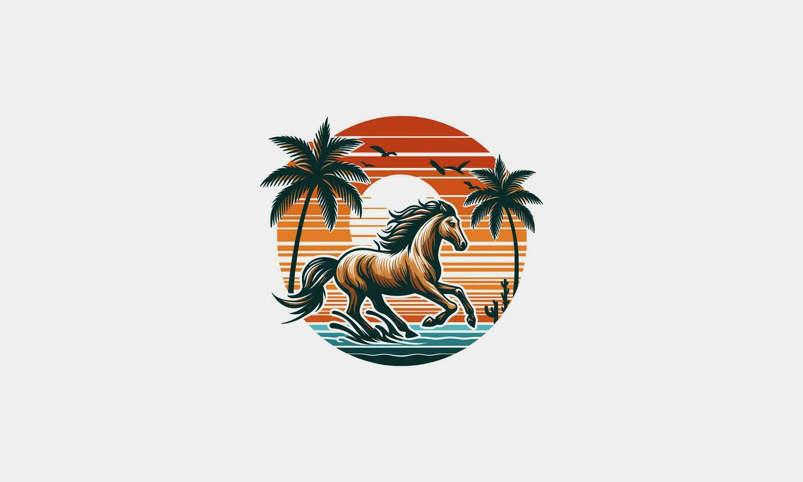 paard rennen Aan strand zonsondergang en palm vector artwork ontwerp