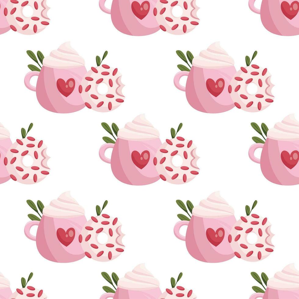 naadloos patroon met cups en donut voor valentijnsdag dag en bruiloft vector