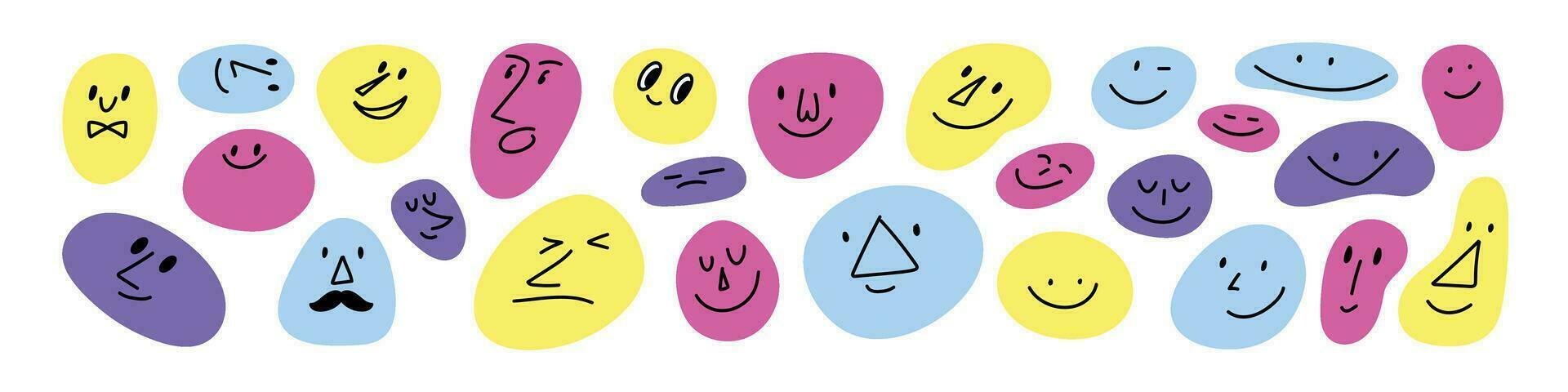 gelukkig gezicht icoon met glimlach, vrolijk emoji's en avatars stickers. abstract tekenfilm karakter doodles in schattig, retro stijl. vlak vector illustratie geïsoleerd Aan wit achtergrond.