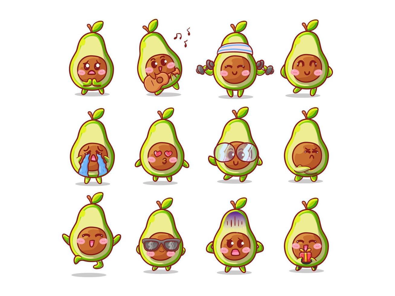 schattige en kawaii avocado sticker illustratie set met verschillende activiteiten en expressie voor mascotte vector
