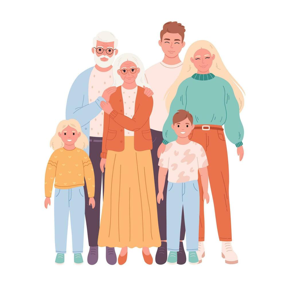 familie portret. ouders, grootouders en kinderen. wereld familie dag. vector illustratie in vlak stijl