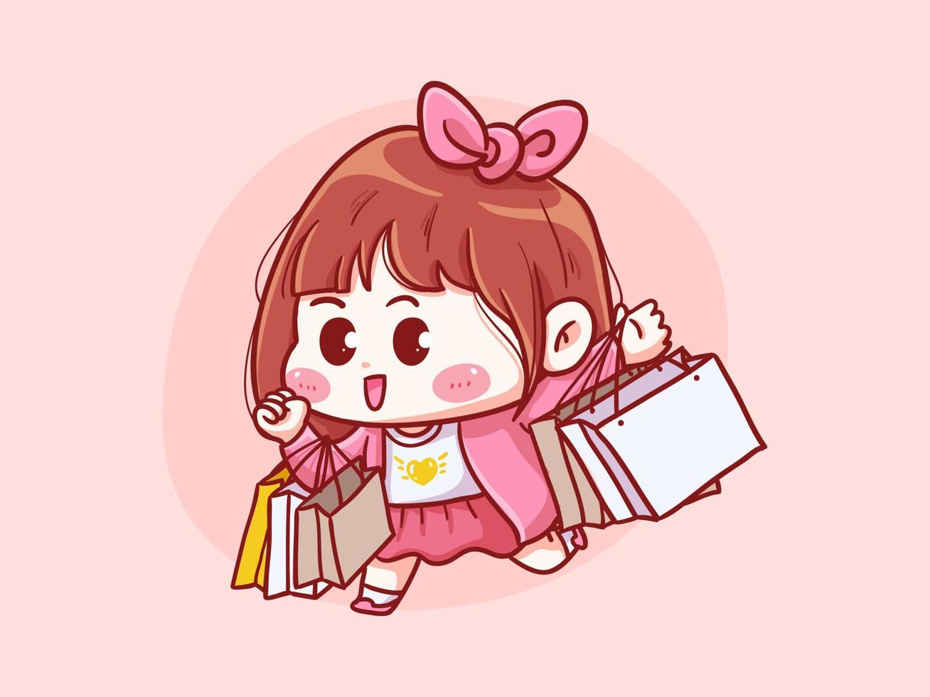 schattig en kawaii meisje met boodschappentas manga chibi illustratie vector