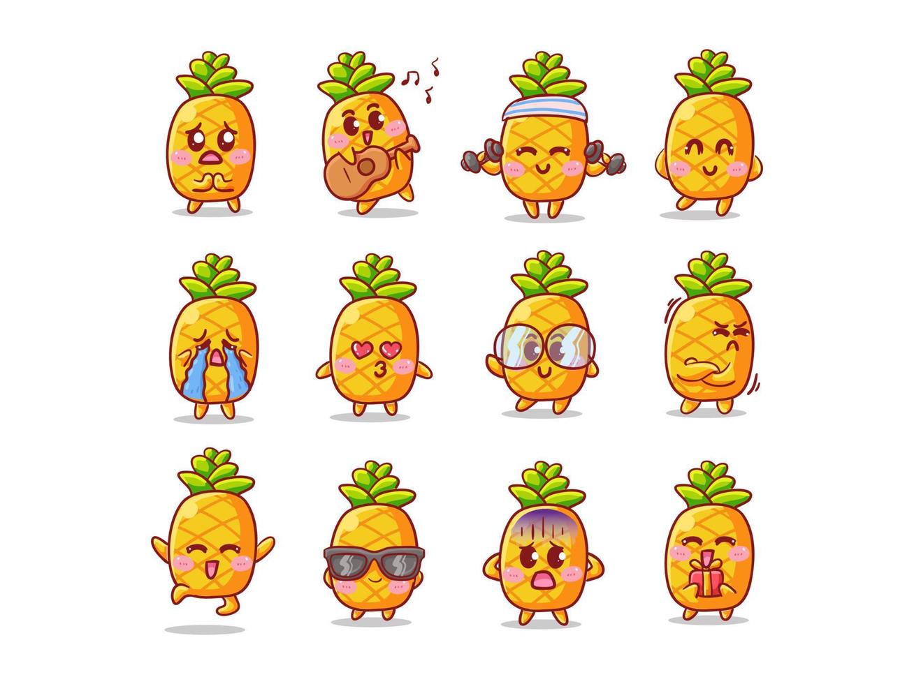 schattige en kawaii ananas sticker illustratie set met verschillende activiteiten en expressie voor mascotte vector