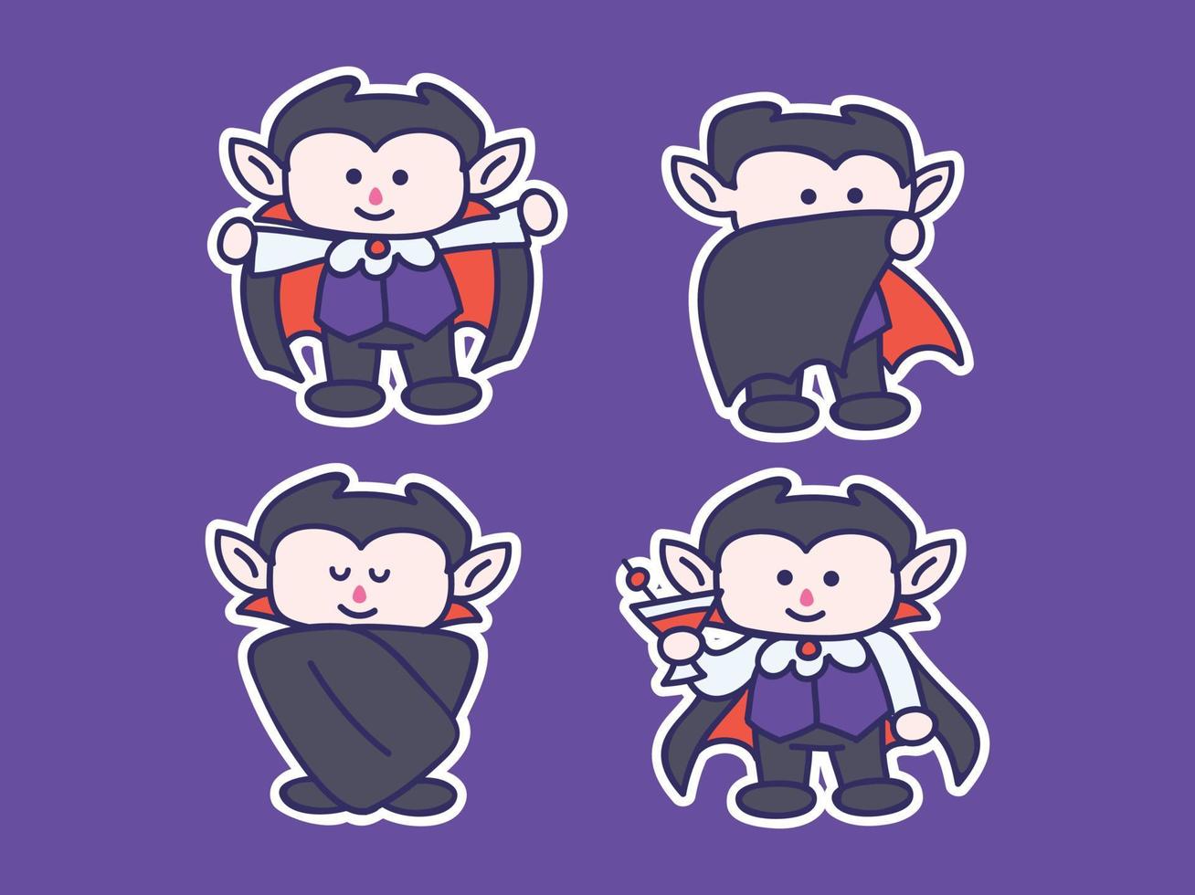 schattig en kawaii dracula mascotte sticker illustratie set, vampier drink bloed, slaap, verstopt in cape, glimlach vector