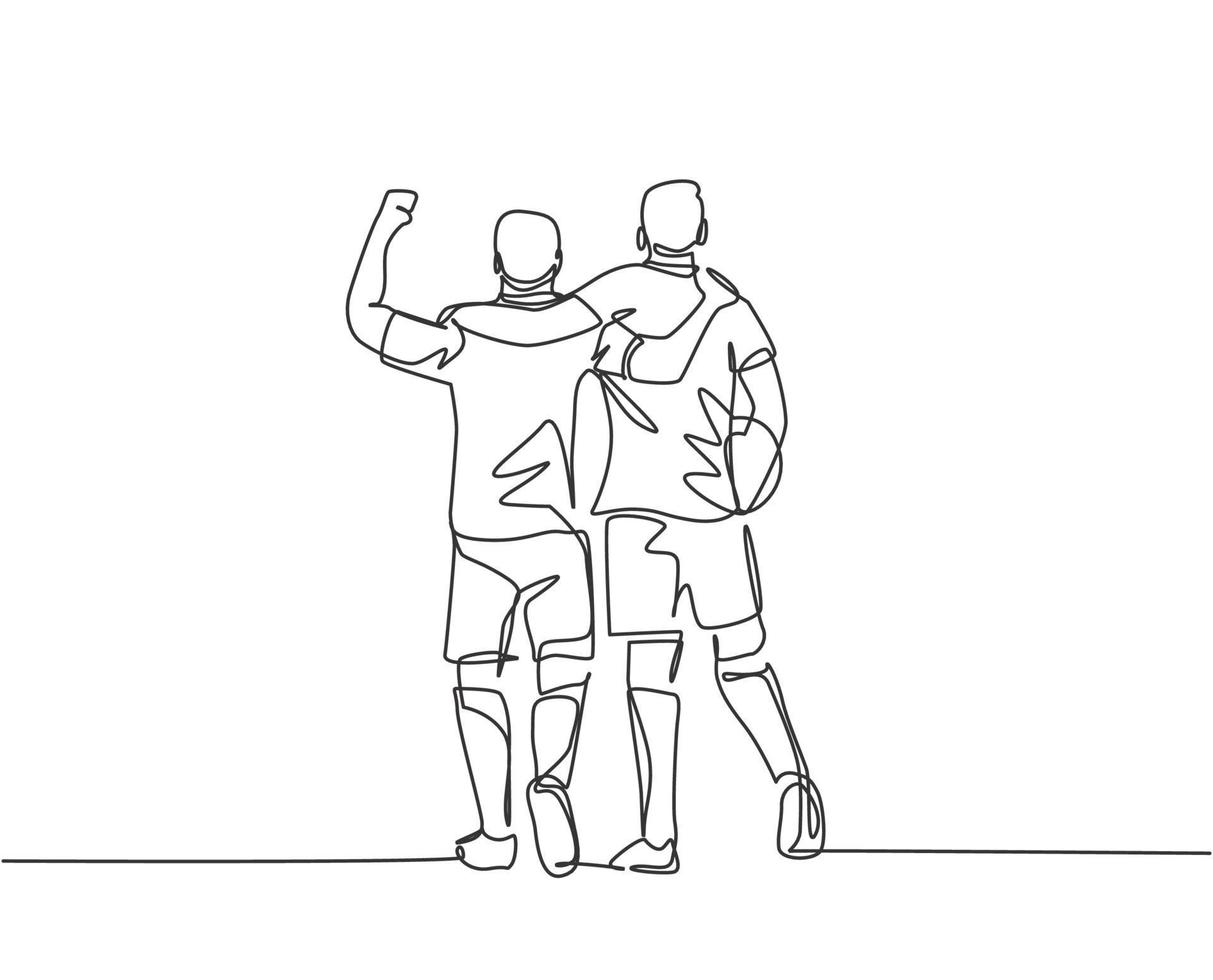 doorlopende lijntekening van twee voetballers die een bal brengen en samen lopen om sportiviteit te tonen. respect in voetbal sport concept. een lijntekening vectorillustratie vector