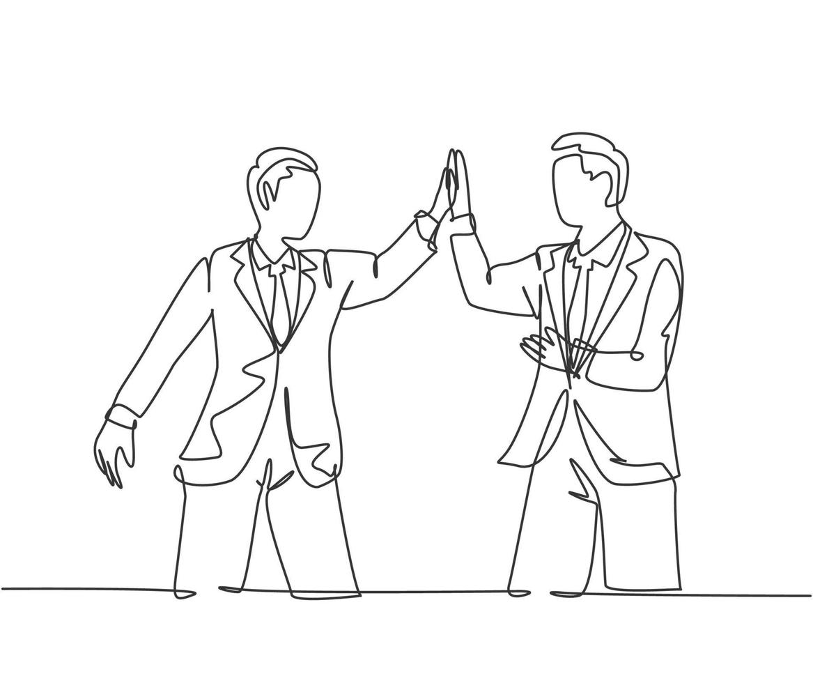 een lijntekening van twee jonge gelukkige zakenlieden die hun opeenvolgende doel vieren tijdens de zakelijke bijeenkomst met een high five-gebaar. zakelijke deal concept doorlopende lijn tekenen ontwerp vectorillustratie vector