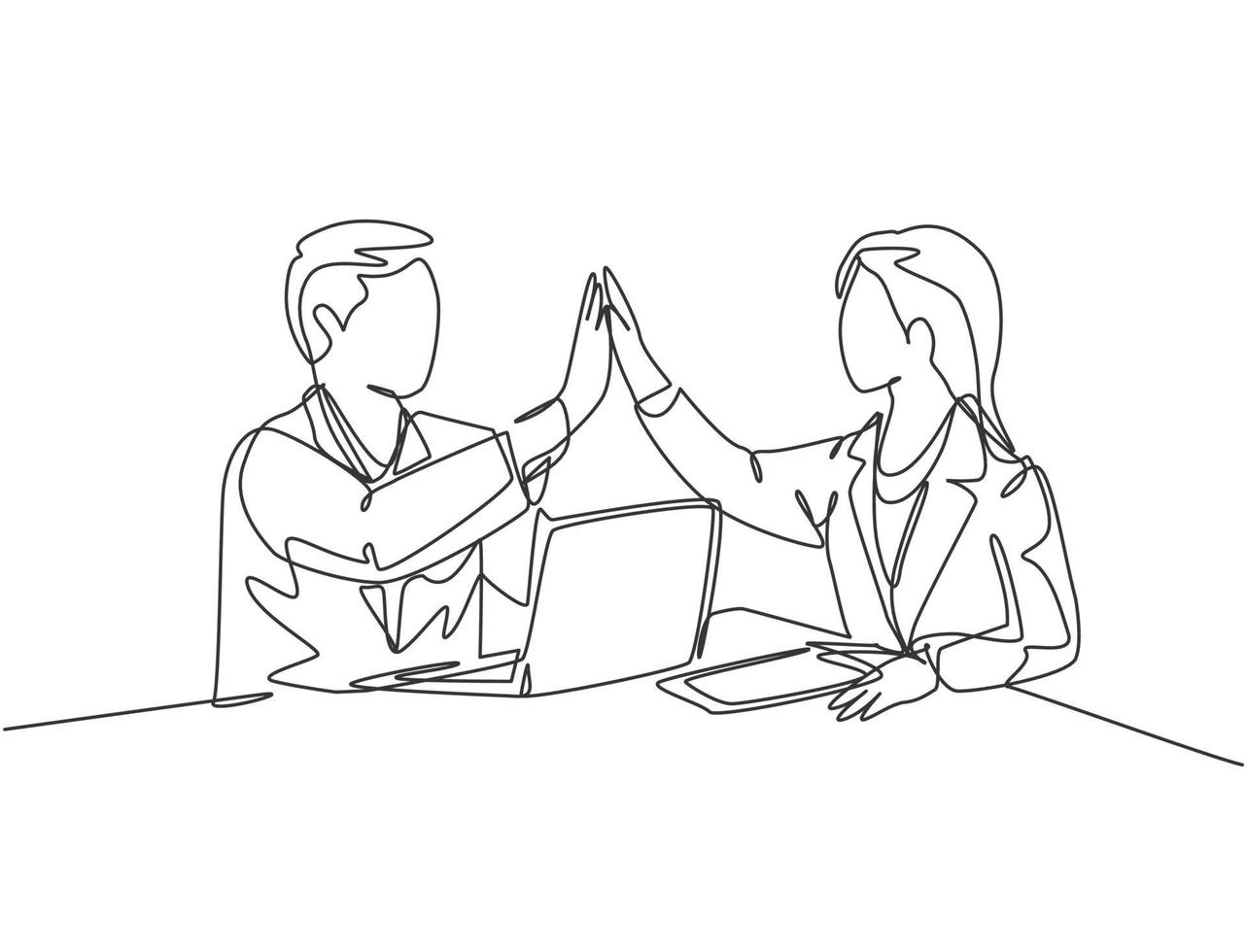 een lijntekening van zakenman en zakenvrouw die hun opeenvolgende doel vieren tijdens de zakelijke bijeenkomst met een high five-gebaar. concept doorlopende lijn tekenen grafisch ontwerp vectorillustratie vector