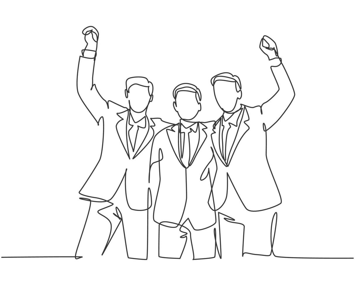 een lijntekening van drie jonge gelukkige zakenlieden die hun opeenvolgende doelwit vieren op de zakelijke bijeenkomst met een high five-gebaar. zakelijke deal concept doorlopende lijn tekenen ontwerp illustratie vector