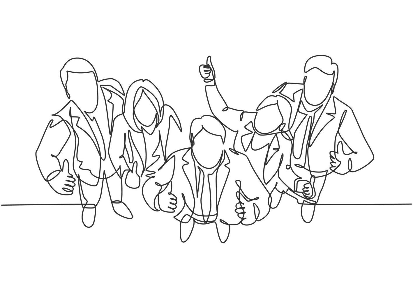 enkele lijntekening groep line-up jonge zakenlieden en zakenvrouw opstaan samen geven duimen omhoog gebaar van bovenaanzicht. bedrijfsconcept. doorlopende lijn tekenen ontwerp vectorillustratie vector