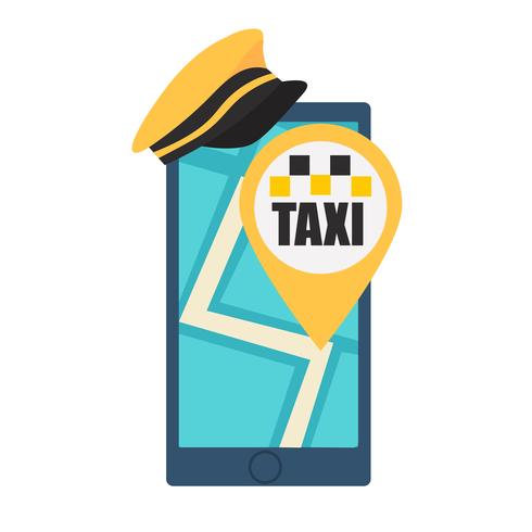 Online taxi boeken. Telefoon met hoed en kaart. Platte vectorillustratie vector