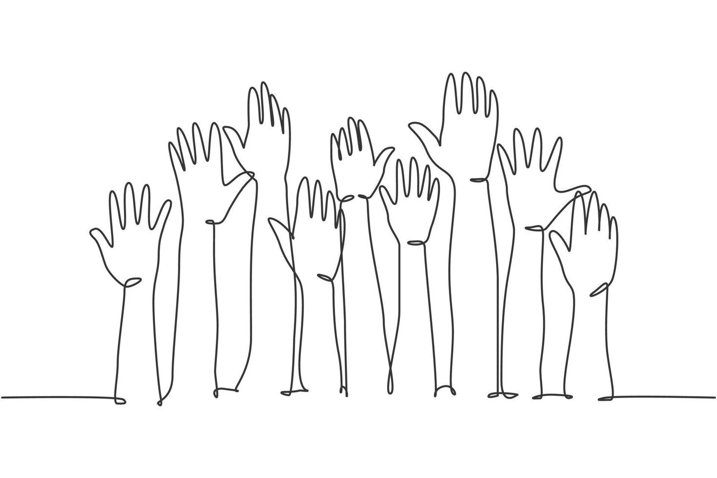 een enkele lijntekening van een groep mensen die opengaat en hun handen in de lucht steekt. business team werk concept. moderne doorlopende lijn tekenen ontwerp grafische vectorillustratie vector