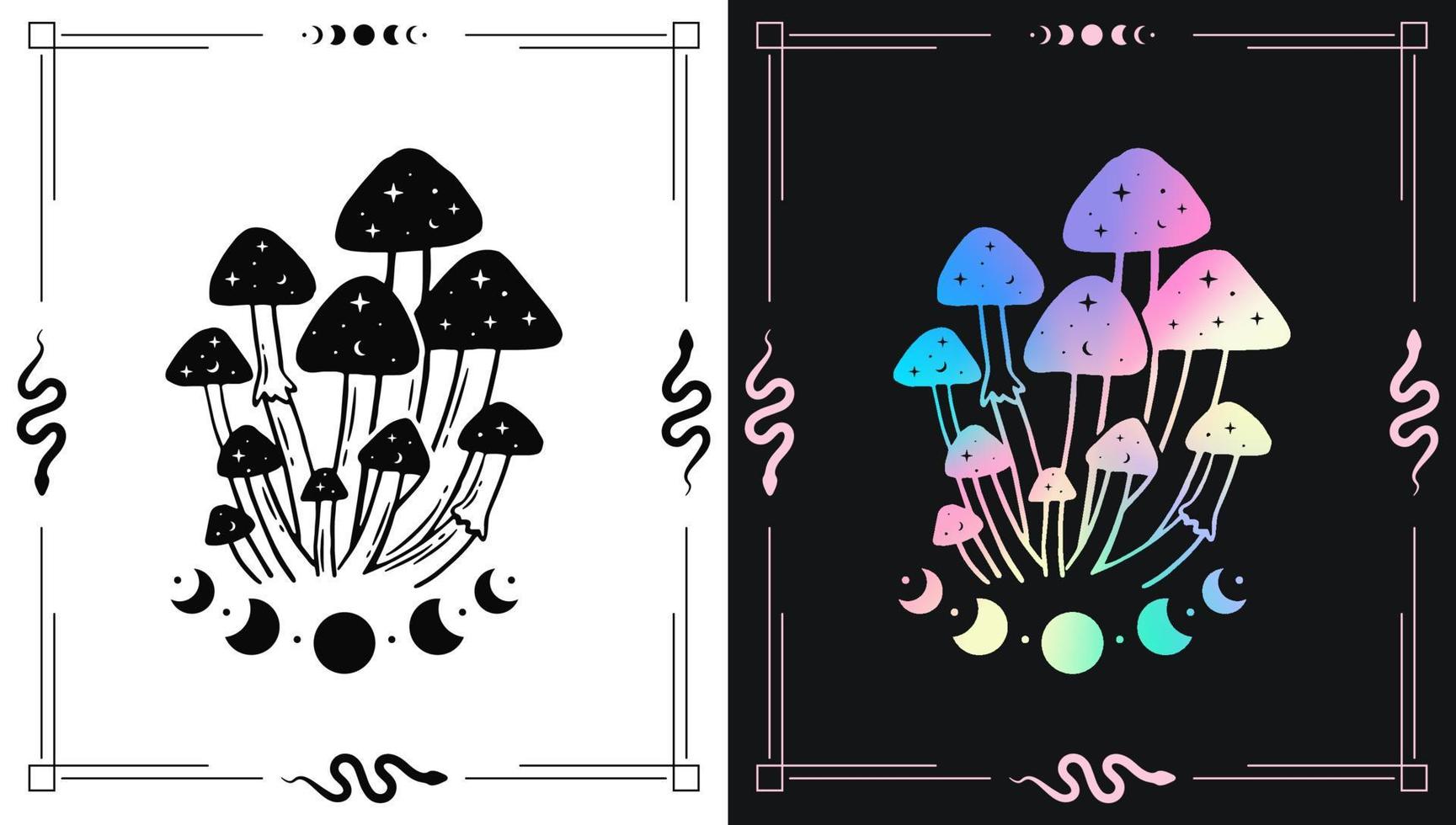 set van kleurrijke en zwart-wit illustraties met paddo's en maan voor esoterische thema-ontwerpen vector