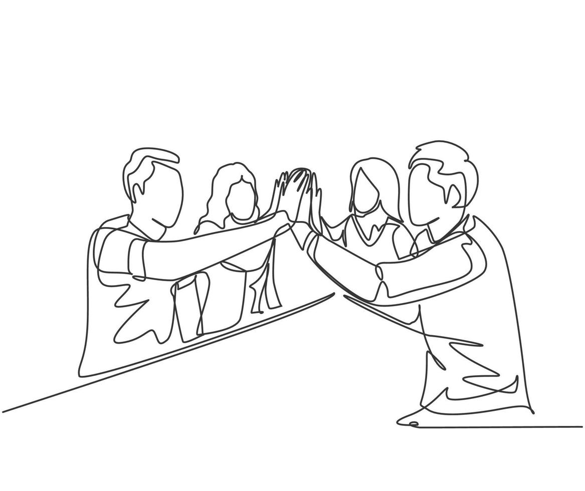 een lijntekening van jonge zakenlieden en zakenvrouwen die hun opeenvolgende doel vieren tijdens de zakelijke bijeenkomst met een high five-gebaar. zakelijke deal concept doorlopende lijn tekenen ontwerp illustratie vector