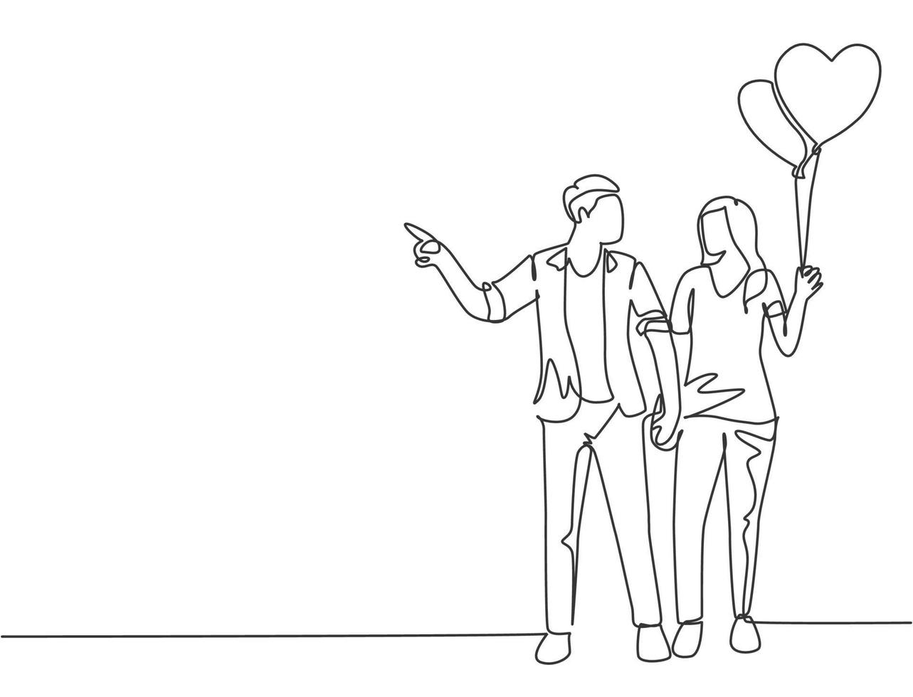 een enkele lijntekening van jonge gelukkige man en vrouw paar samen een wandeling maken en een hartvormige ballon vasthouden. romantisch huwelijk liefde concept continu lijn tekenen ontwerp vectorillustratie vector