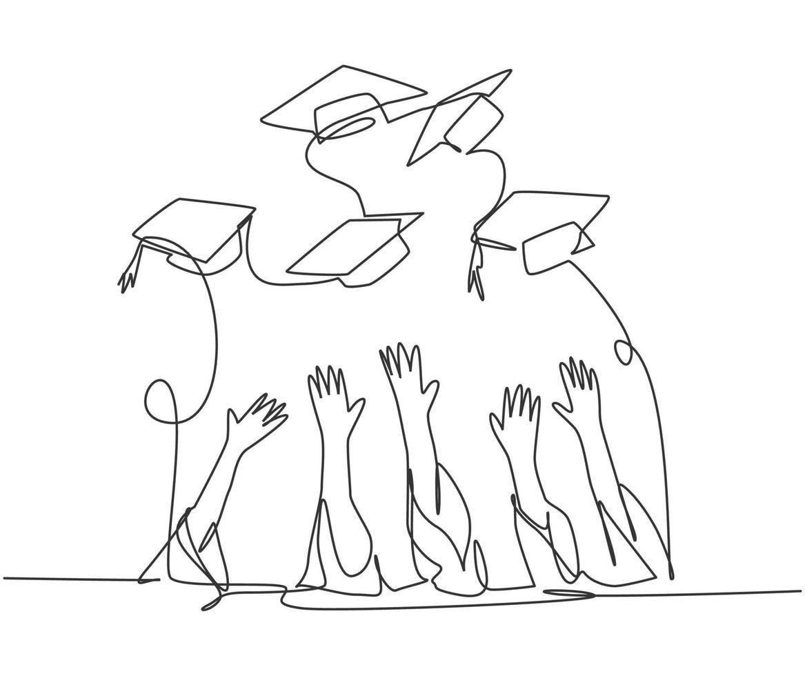 een enkele lijntekening van een groep universiteitsstudenten gooit hun pet in de lucht om hun schooldiploma te vieren. niet-gegradueerde onderwijsconcept doorlopende lijn tekenen ontwerp vectorillustratie vector