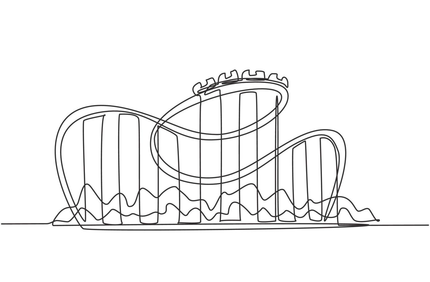 enkele doorlopende lijntekening van een achtbaan in een pretpark met een baan hoog in de lucht. schreeuwde de passagier terwijl hij zich met hoge snelheid voortbewoog. een lijn tekenen grafisch ontwerp vectorillustratie vector