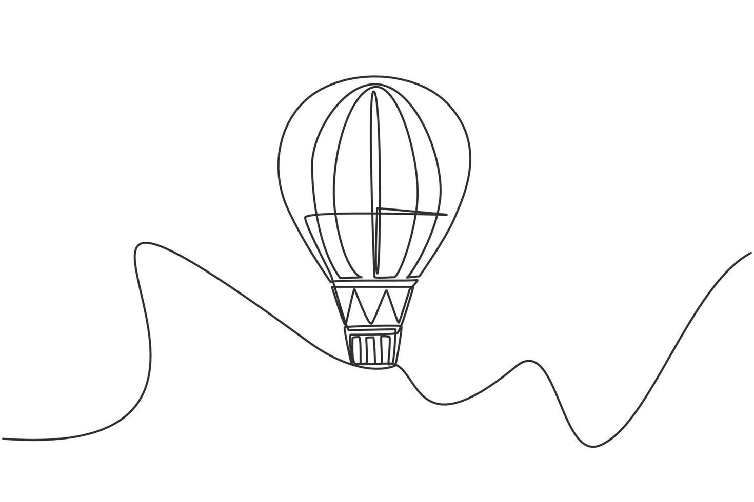 enkele lijntekening van heteluchtballon met streeppatroon en een passagiersmand die hoog de lucht in vliegt. vakantie ervaring. moderne doorlopende lijn tekenen ontwerp grafische vectorillustratie. vector