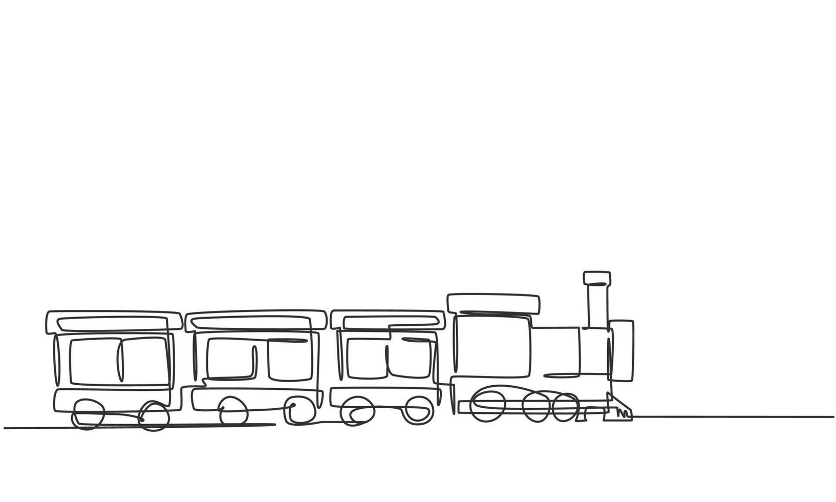 enkele lijntekening van een treinlocomotief met drie rijtuigen in de vorm van een rondzwervend stoomsysteem in een pretpark om passagiers te vervoeren. een lijn tekenen ontwerp grafische vectorillustratie. vector