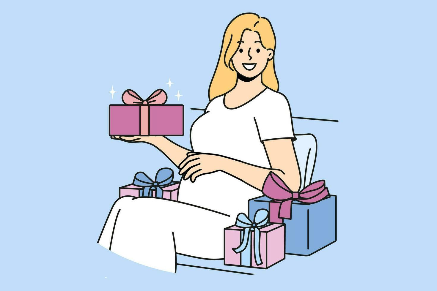 zwanger vrouw met geschenk doos beroertes buik en looks Bij scherm in verwachting van geboorte van baby vector