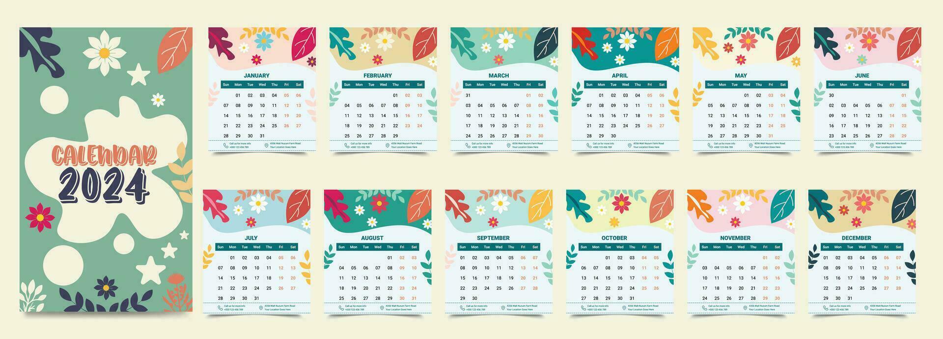 maandelijks kalender sjabloon voor de 2024 jaar, 12 maanden, minimalistische stijl, bloemen kalender vector