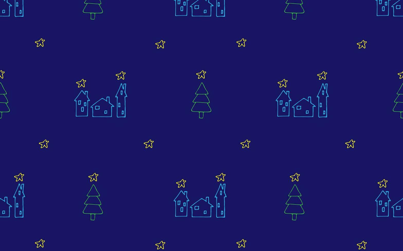 vector naadloos winter patroon met huizen, Kerstmis boom en sterren hand getekend in tekenfilm stijl Aan een blauw achtergrond. illustratie voor textiel, ontwerp en decoratie.
