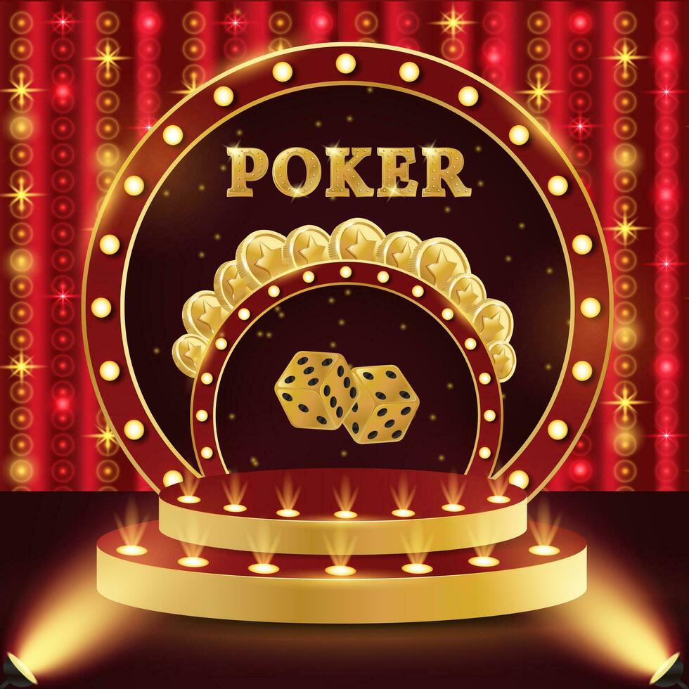 casino podium poker. 3d retro casino podium. podium met munten, Dobbelsteen en poker. casino tafereel, fase, studio of kamer. vector