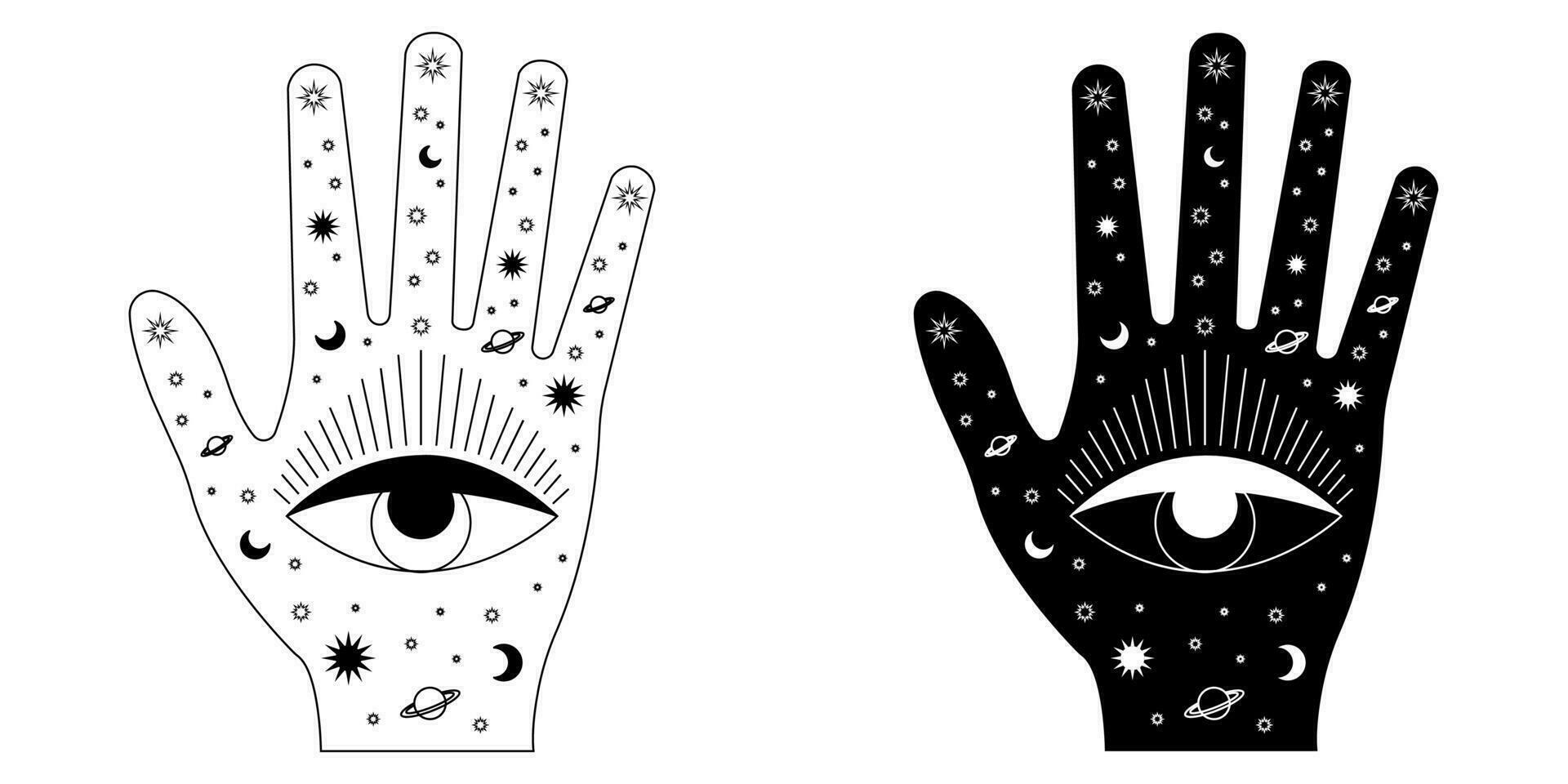 handlijnkunde en hieromantie. hand- lijnen en hun betekenissen. hemel- en mystiek astrologie. magisch vector illustratie.