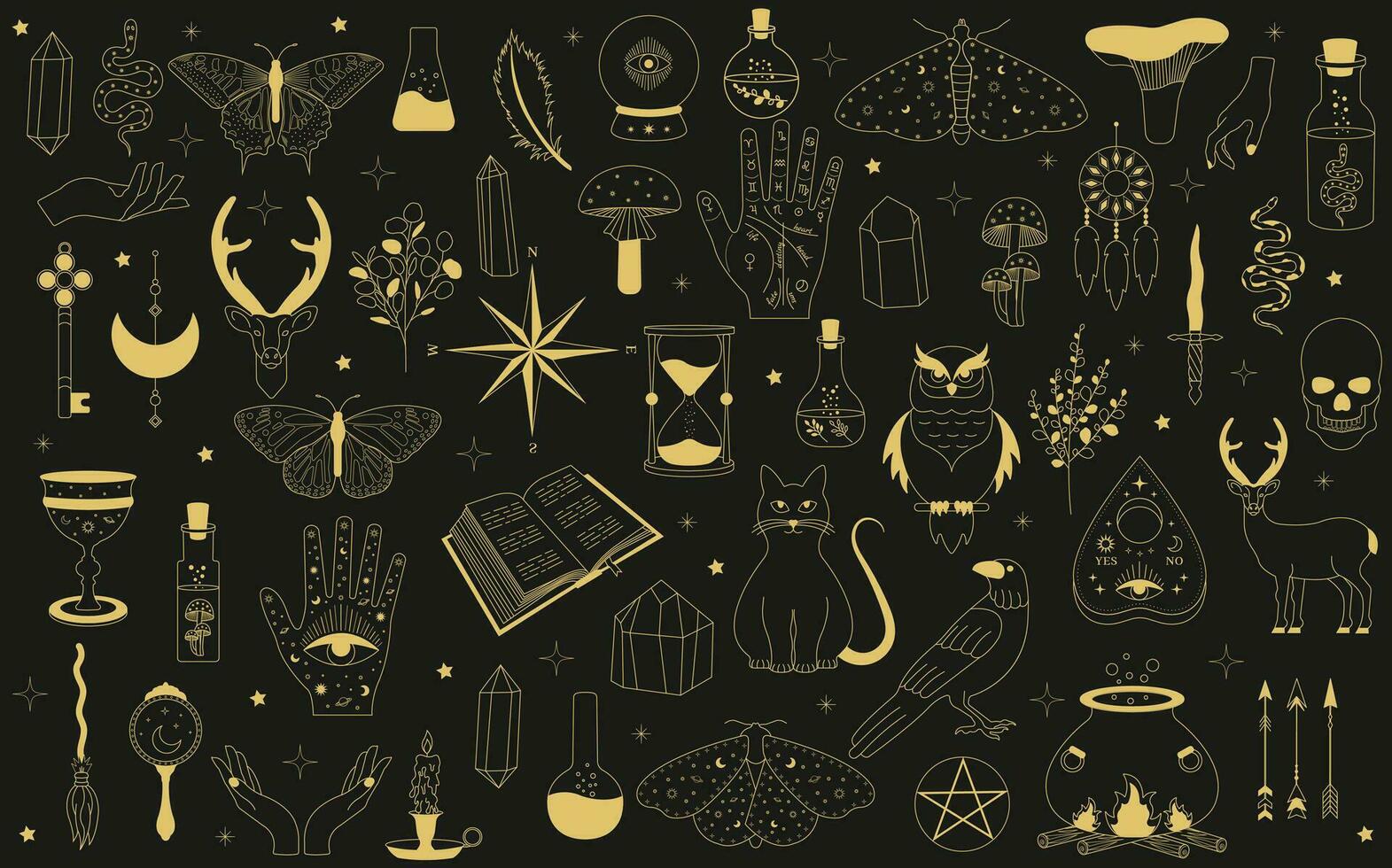 witchy magie set. reeks van hekserij artikelen. verzameling van witchy magie en esoterisch apparatuur. vector illustratie van mythisch elementen.