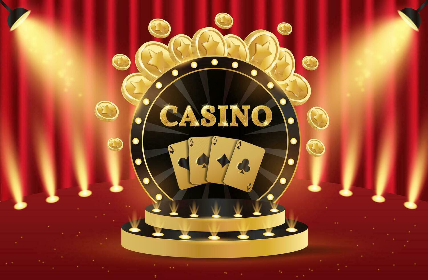 casino podium. 3d retro casino podium. podium met munten en spelen kaarten. casino tafereel, fase, studio of kamer. vector