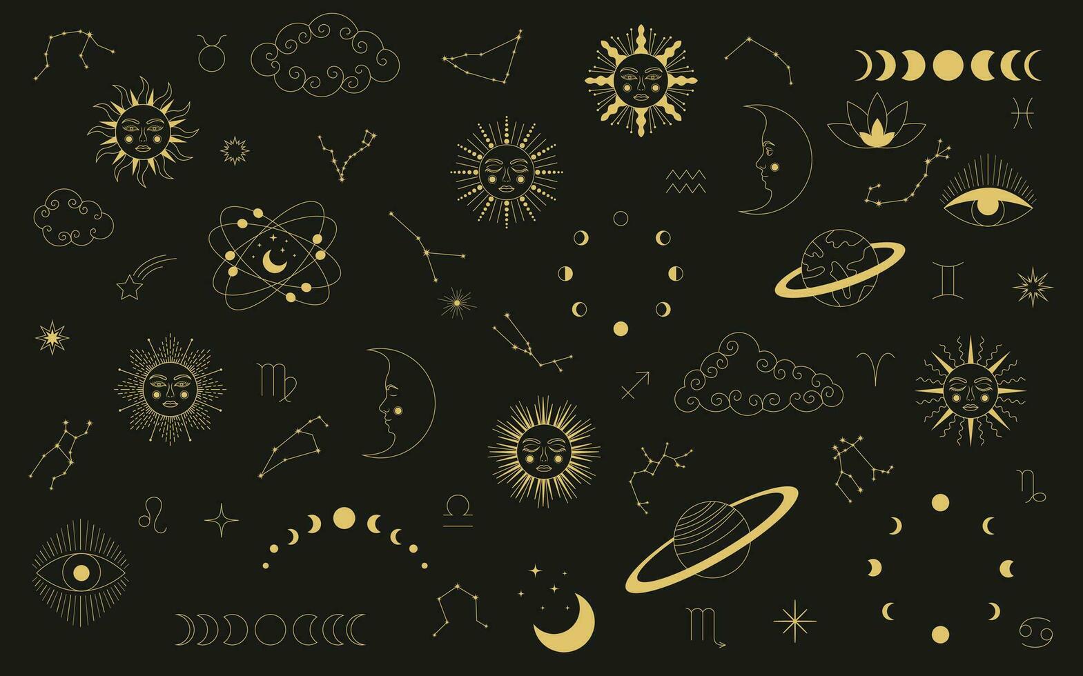 hemel- mystiek astrologie. reeks van hemel- mysticus esoterisch elementen. mysticus maan, zon, ster, dierenriem symbolen en sterrenbeeld vector set.