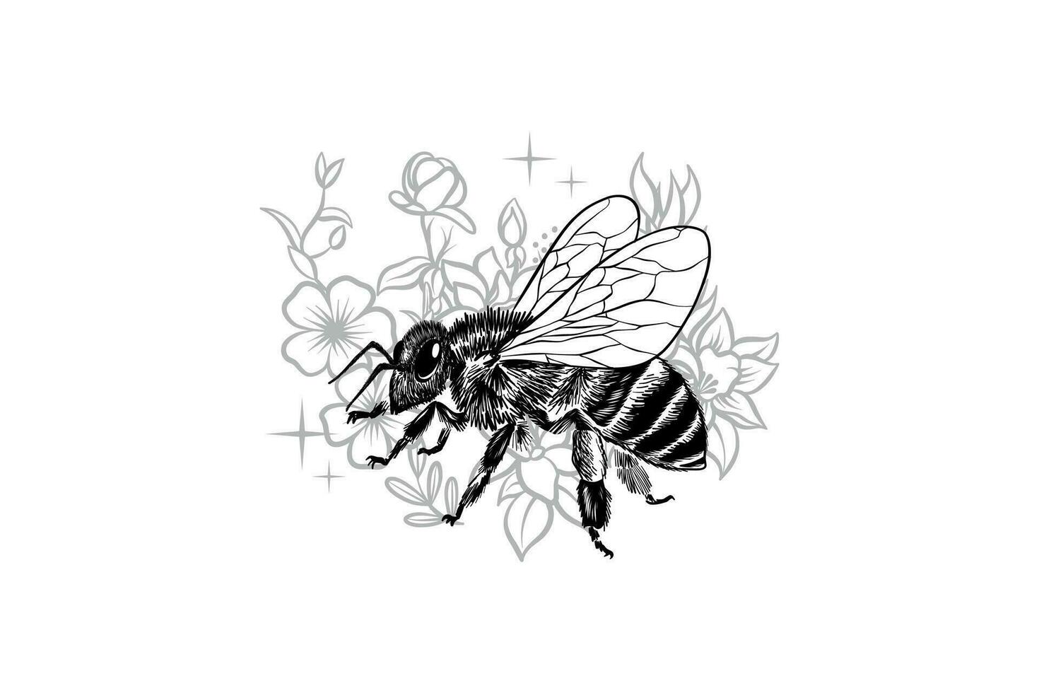 zwart en wit vector illustratie van bijen en bloemen