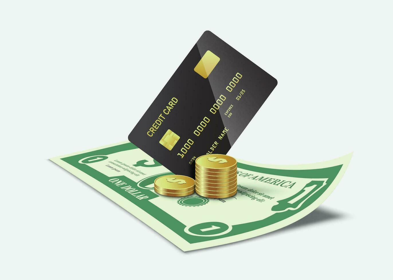 zwart credit kaarten of Geldautomaat kaarten en goud of dollar munten zijn geplaatst Aan dollar Bill vector