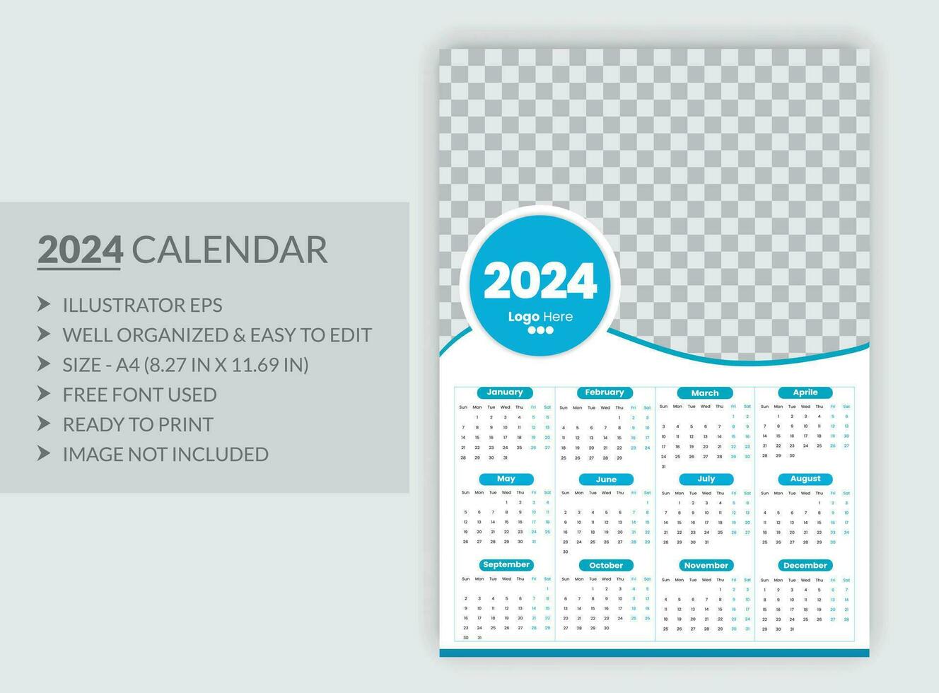 modern stijl nieuw jaar 2024 kalender sjabloon vector