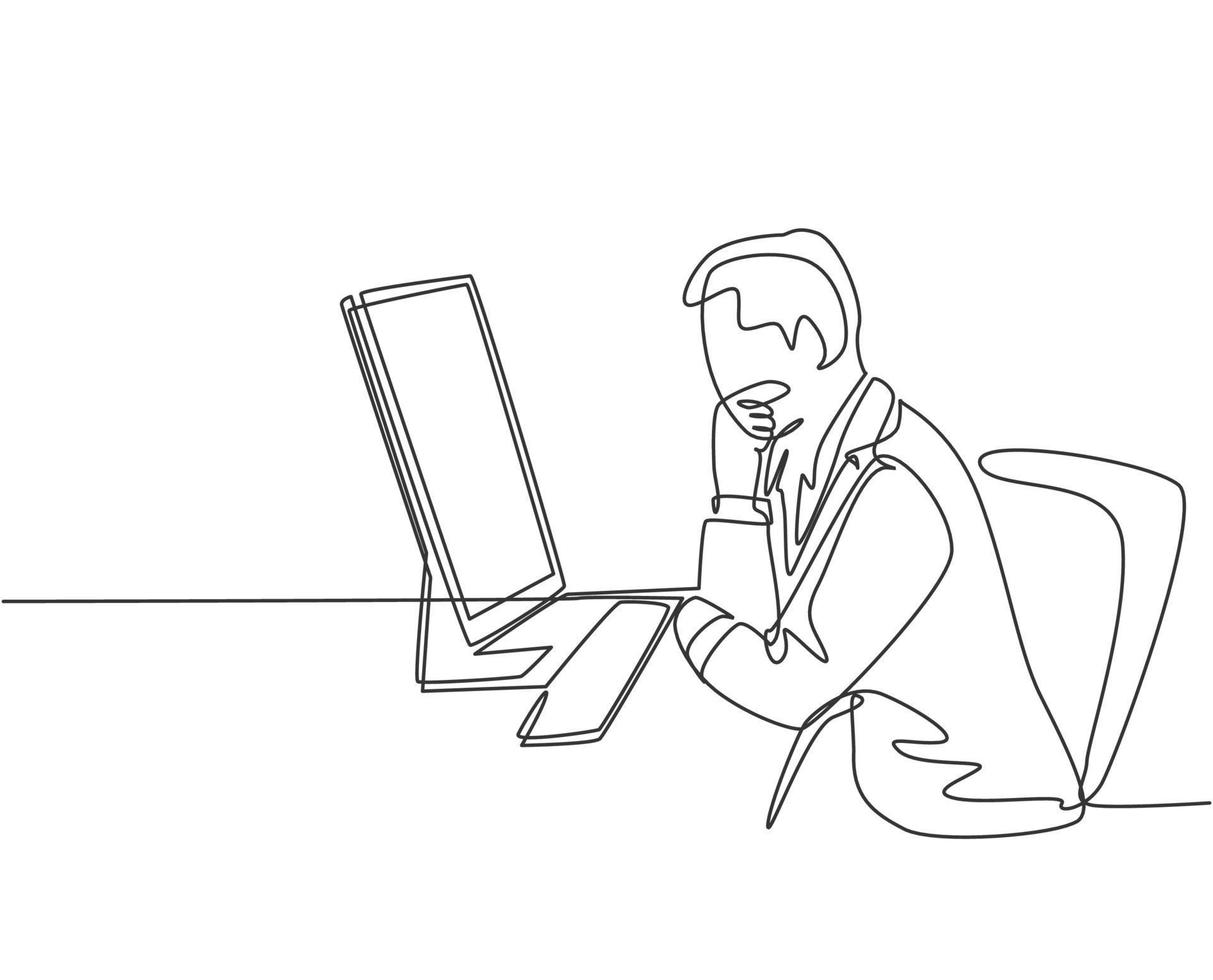 een doorlopende lijntekening van een jonge manager die serieus aan zijn bureau denkt terwijl hij een bril voor de laptop houdt. business innovatie proces concept enkele lijn tekenen ontwerp vectorillustratie vector