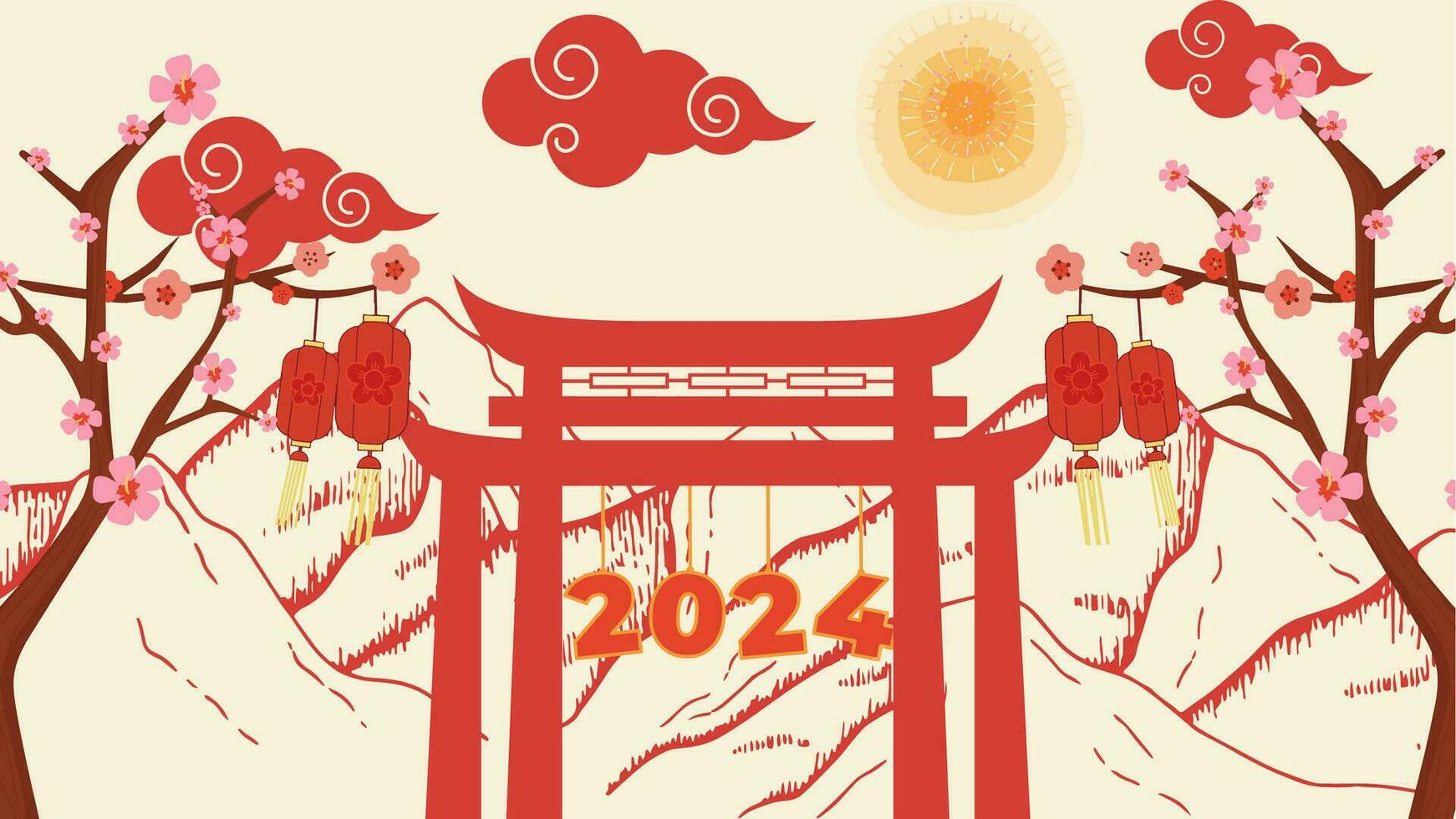 vector grafisch illustratie van berg keer bekeken, poorten en 2024 tekst, lantaarn, kers bloesem, Chinese gevoel. geschikt voor vieren Chinese nieuw jaar 2024 of andere evenement.