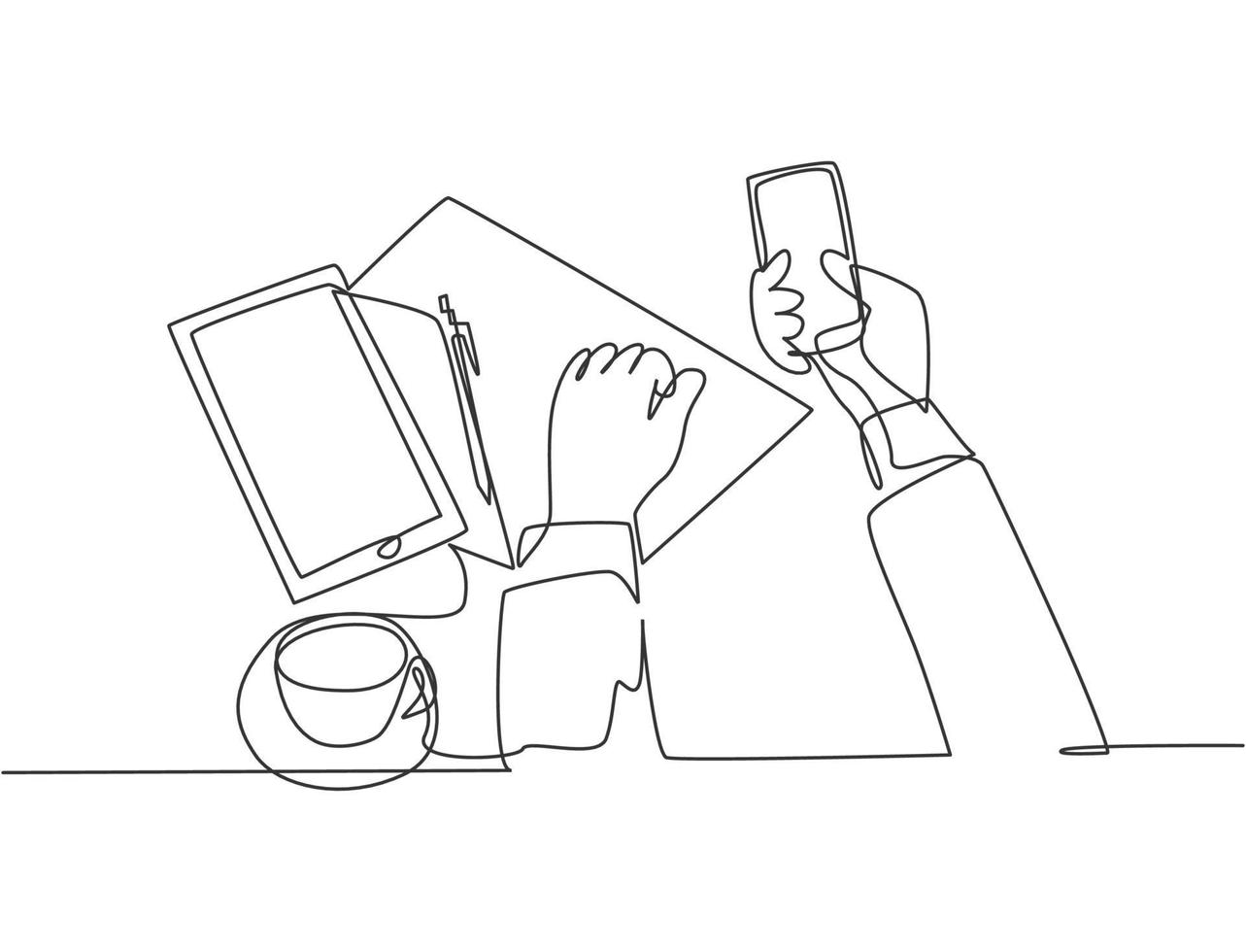 enkele doorlopende lijntekening van handgebaren die het smartphonescherm vasthouden en aanraken met een kopje thee, een stuk papier en een tablet op het bureau. gadget concept een lijn tekenen ontwerp vectorillustratie vector