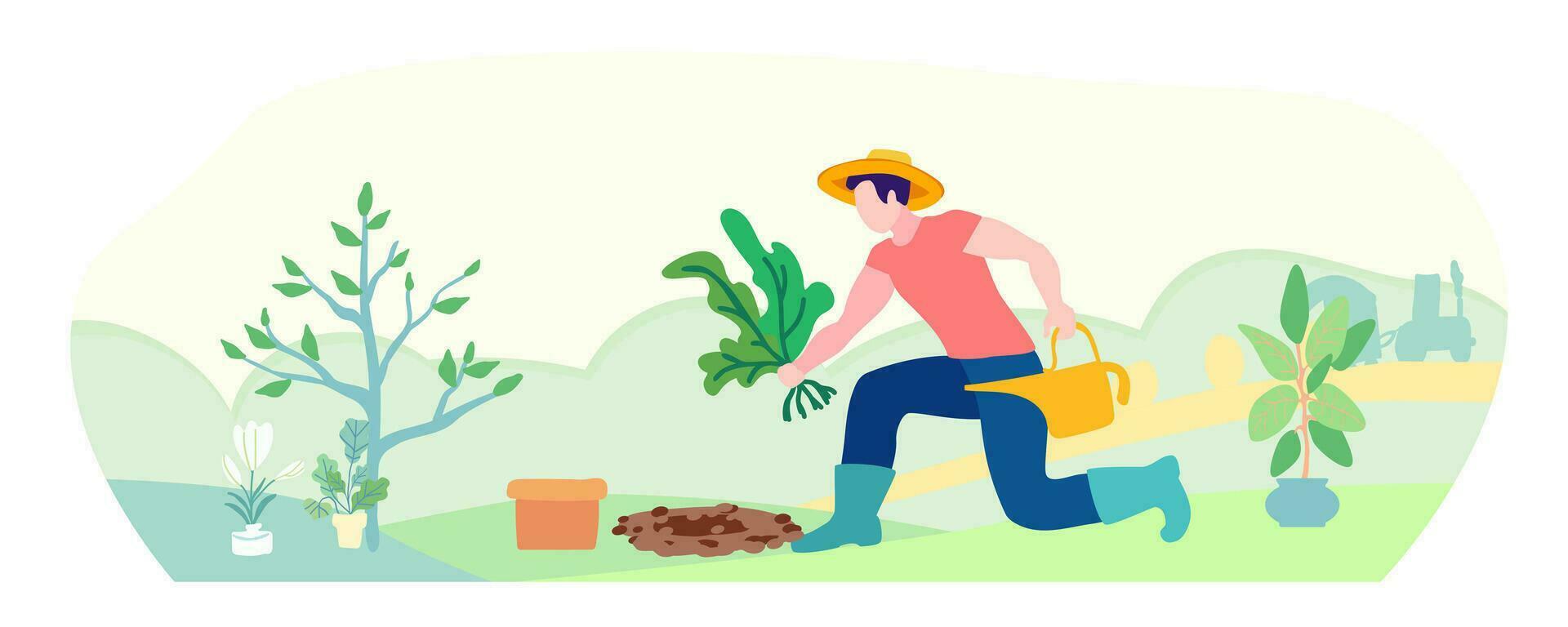 een tuinman in een rietje hoed planten een fabriek. hand- getrokken, vector illustratie