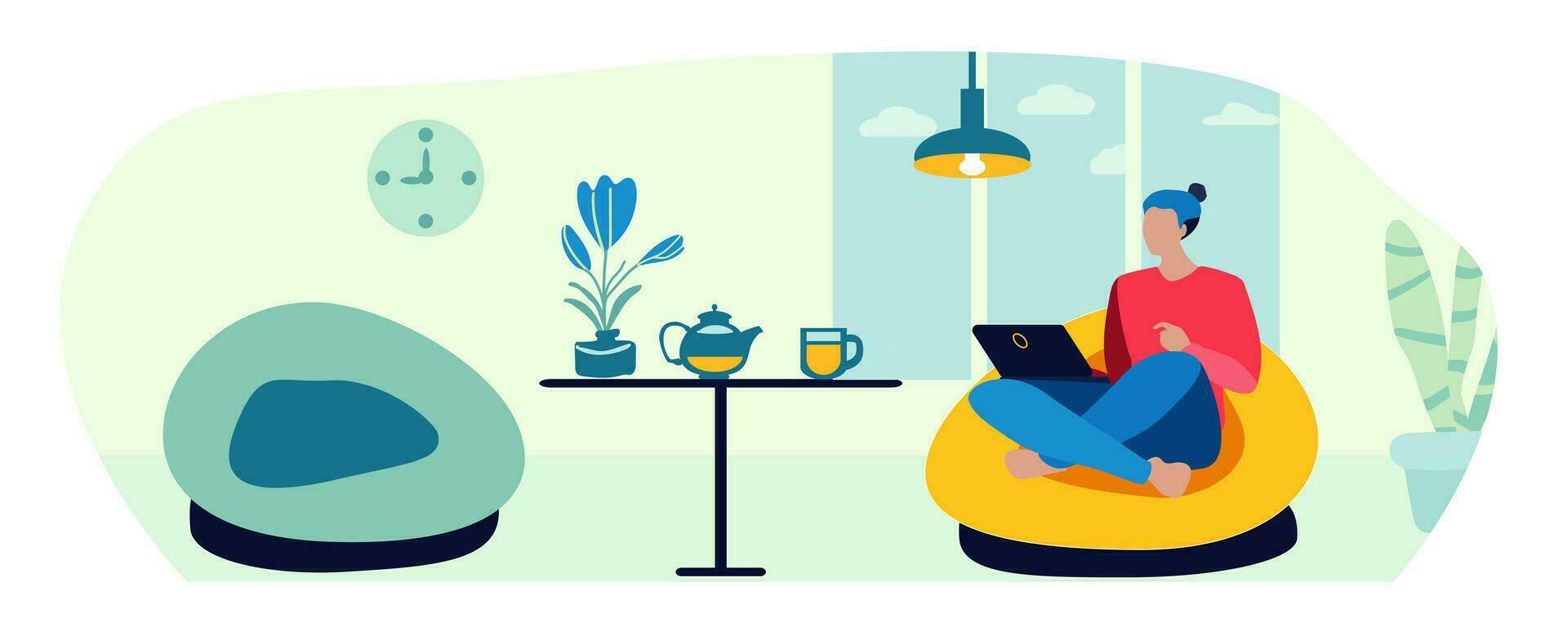 Mens, interieur, ontspanning, lampen, laptop, vector illustratie