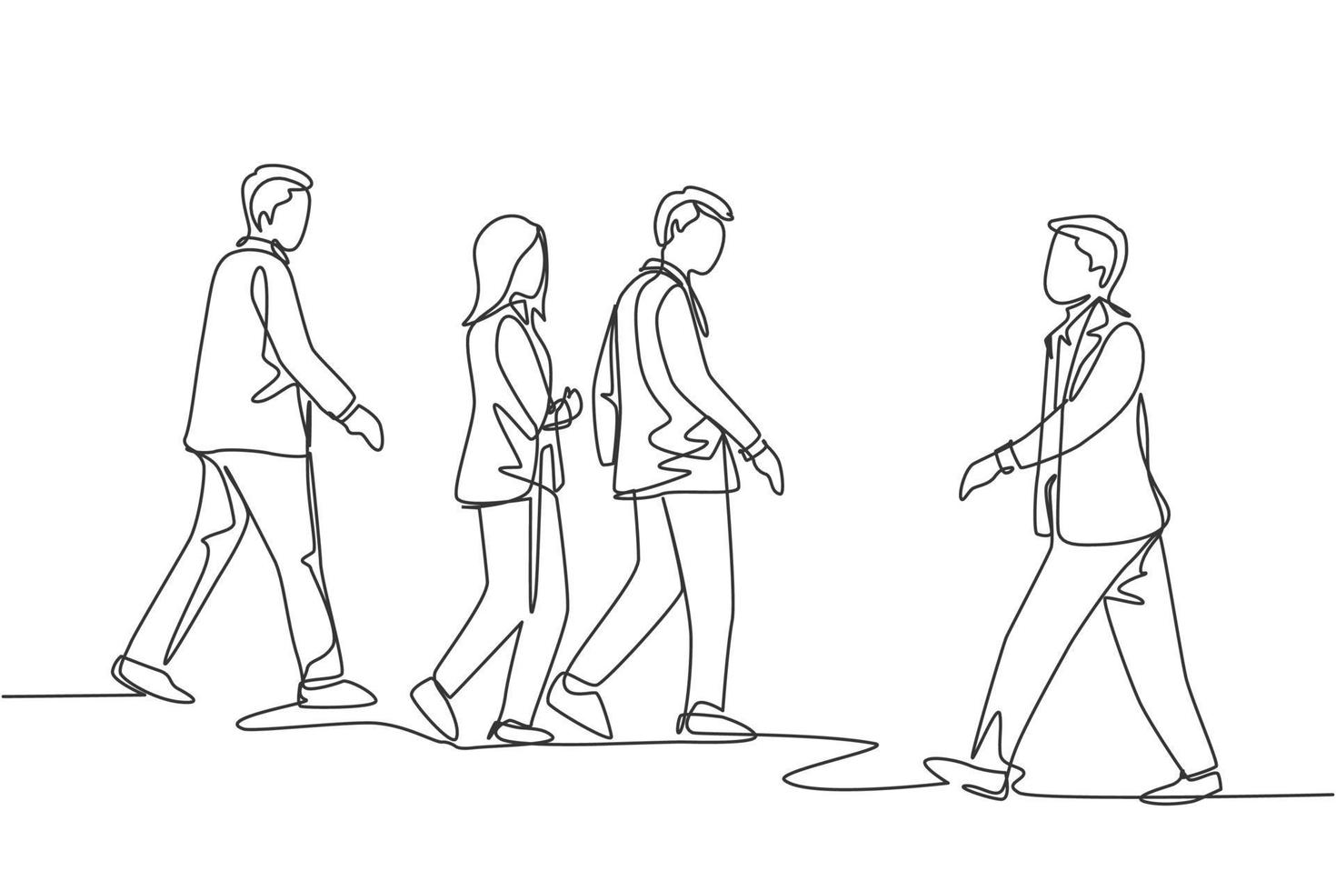 een enkele lijntekening van jonge zakenlieden en zakenvrouwen die samen op straat in de stad lopen om naar kantoor te gaan. stedelijke forens werknemers concept continu lijn tekenen ontwerp vectorillustratie vector