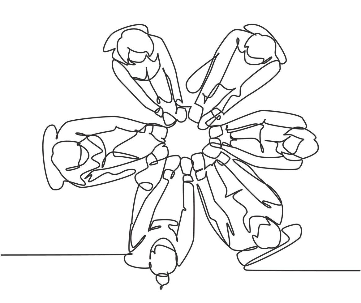 een ononderbroken lijntekeninggroep van jonge mannelijke vrouwelijke zakenmensen verenigen hun handen samen om het symbool van de cirkelvorm te vormen, bovenaanzicht. teamwork concept enkele lijn tekenen ontwerp vectorillustratie vector